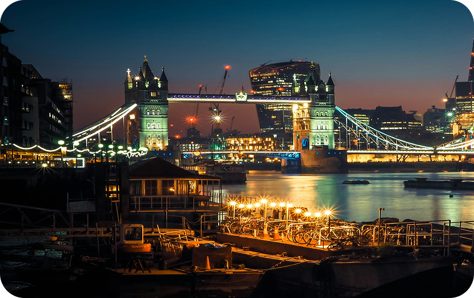 Tower Bridge and London skyline at dusk